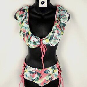 Vigoss Coral Ruffle Off The Shoulder Tie Lace 2-Pc Swimsuit Size Small